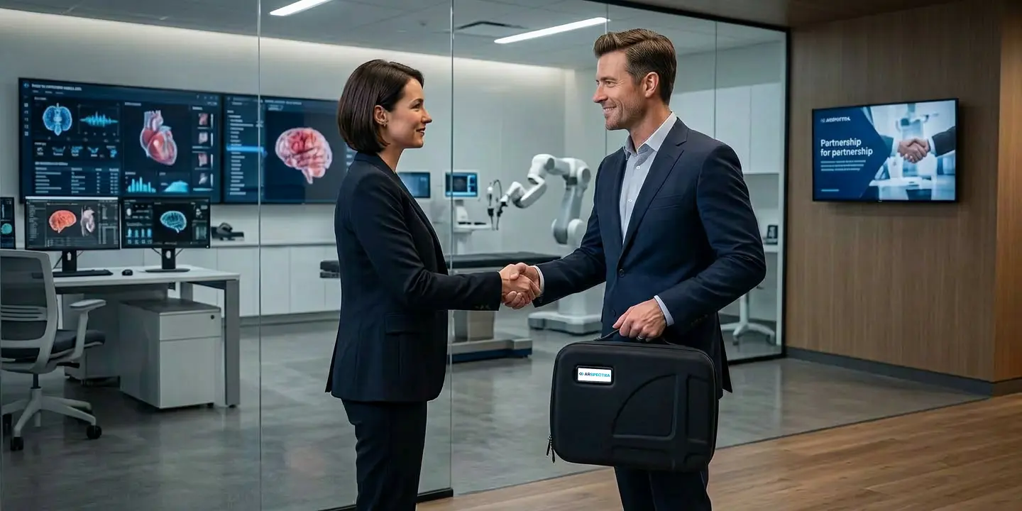 Two professionals shaking hands in a MedTech company